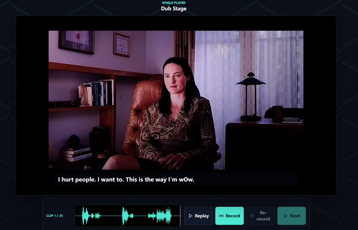 Voxalike single player dub stage with a video scene, caption and recording controls